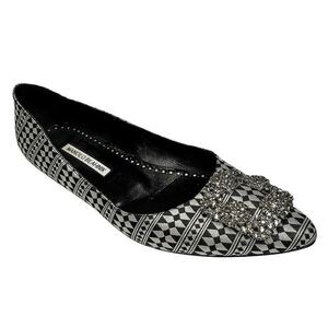 Manolo Blahnik Hangisi Crystal Buckle Flats Black White EU 38.5